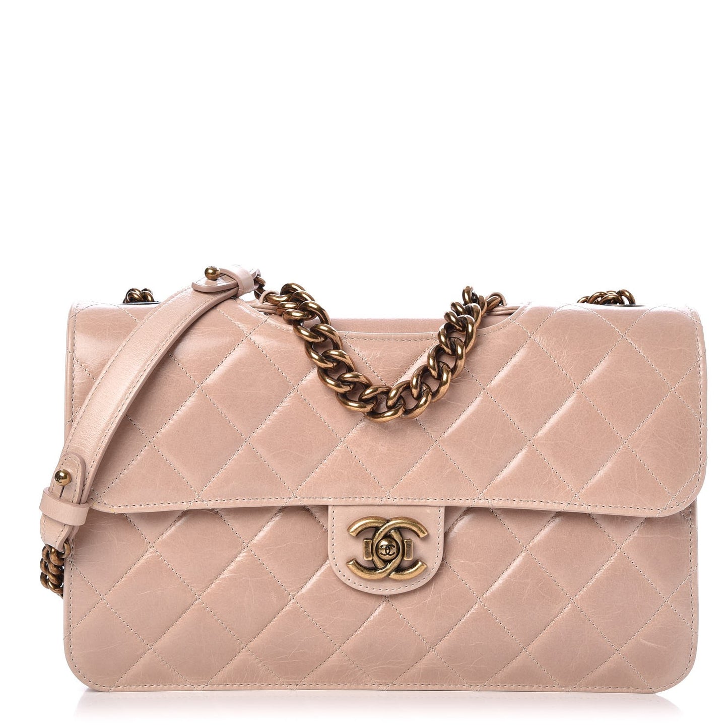 Glazed Calfskin Quilted Large Perfect Edge Flap Light Pink