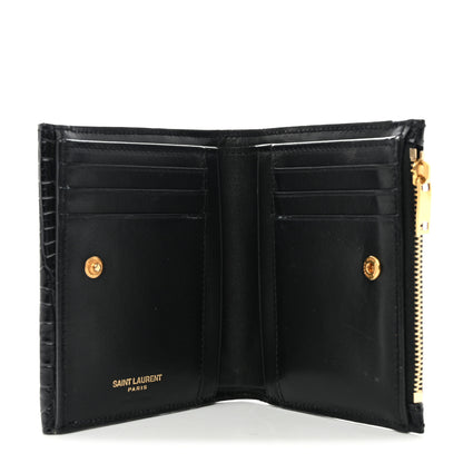 Saint Laurent Shiny Calfskin Crocodile Embossed Monogram Uptown Compact Wallet Black 5 of 13