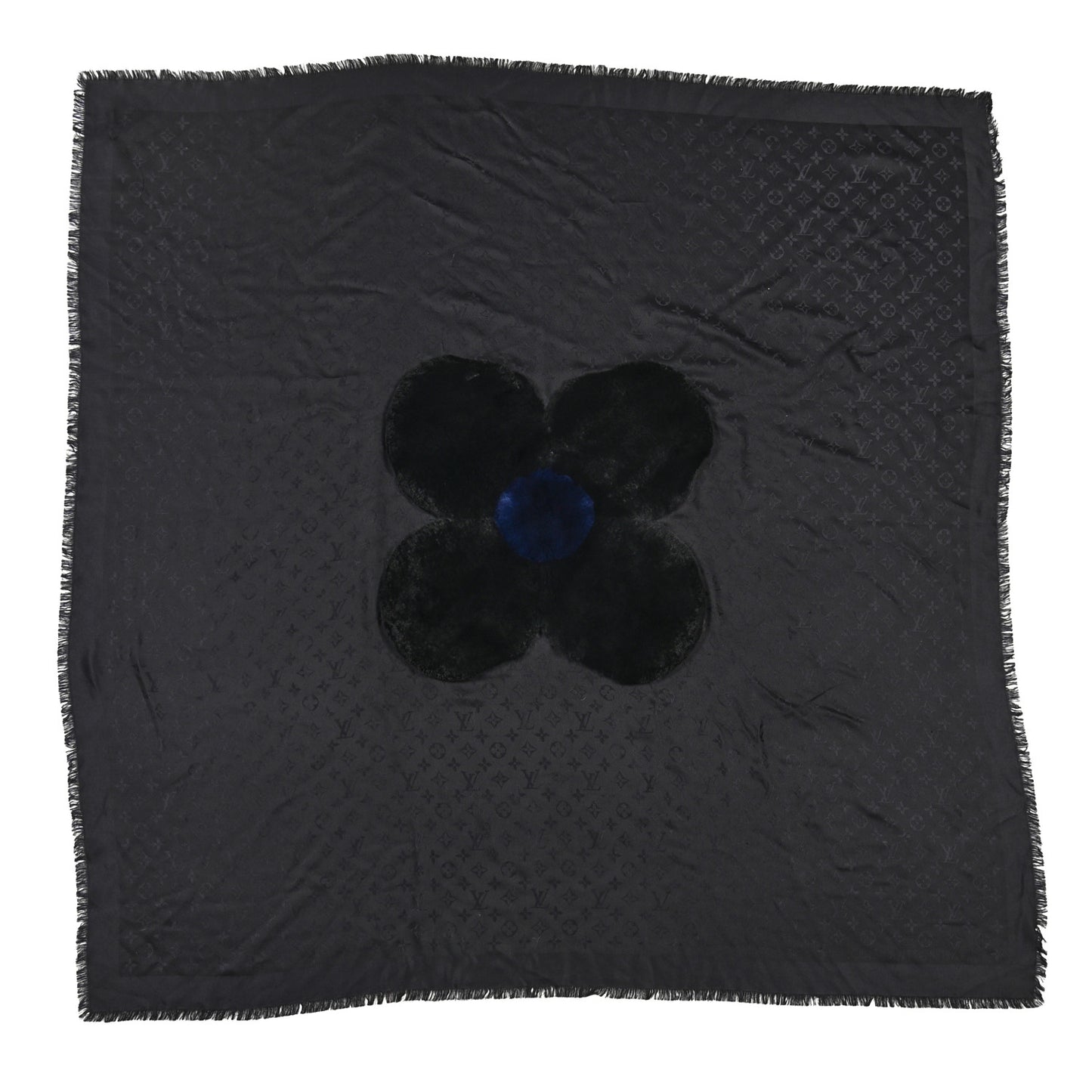 Silk Wool Rabbit Fur Flowergram Shawl Black