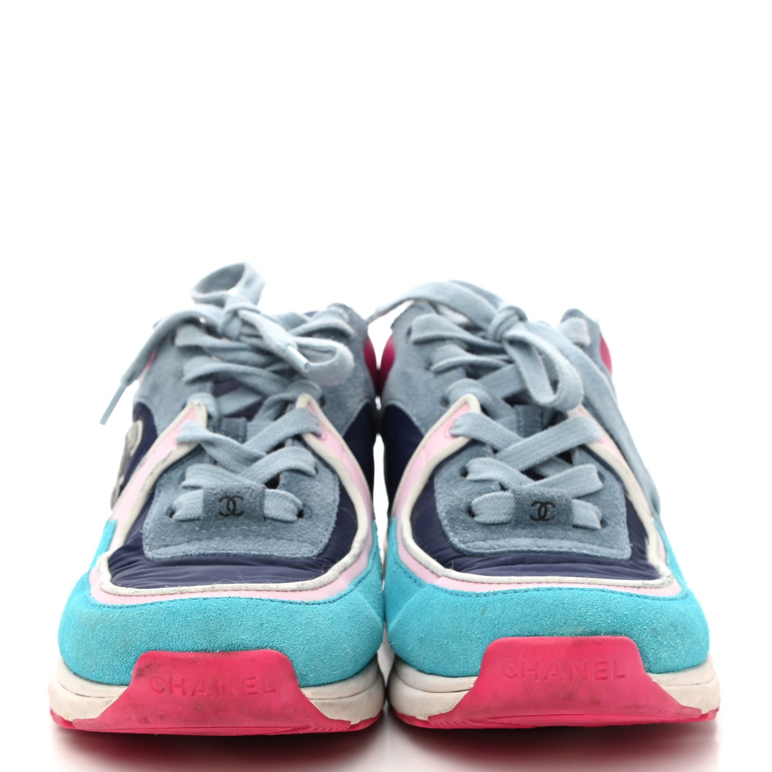 Chanel Nylon Calfskin Suede Womens CC Sneakers 37 Blue Pink 2 of 8