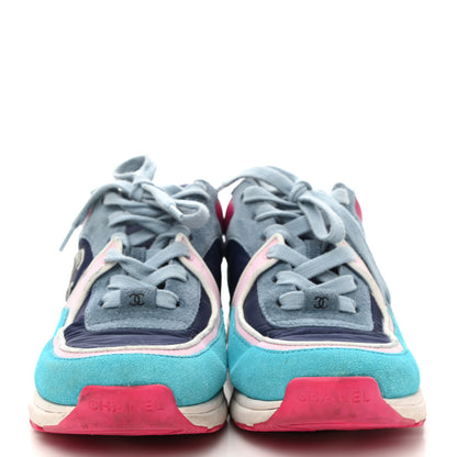 Chanel Nylon Calfskin Suede Womens CC Sneakers 37 Blue Pink 2 of 8