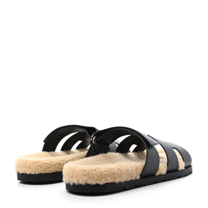 Hermes Veau Indios Woolskin Mens Chypre Sandals 41 Black Ecru 4 of 4