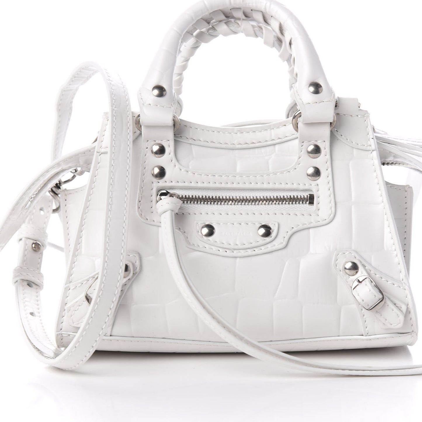 Semi Shiny Calfskin Crocodile Embossed Neo Classic Silver Hardware Nano City Crossbody White