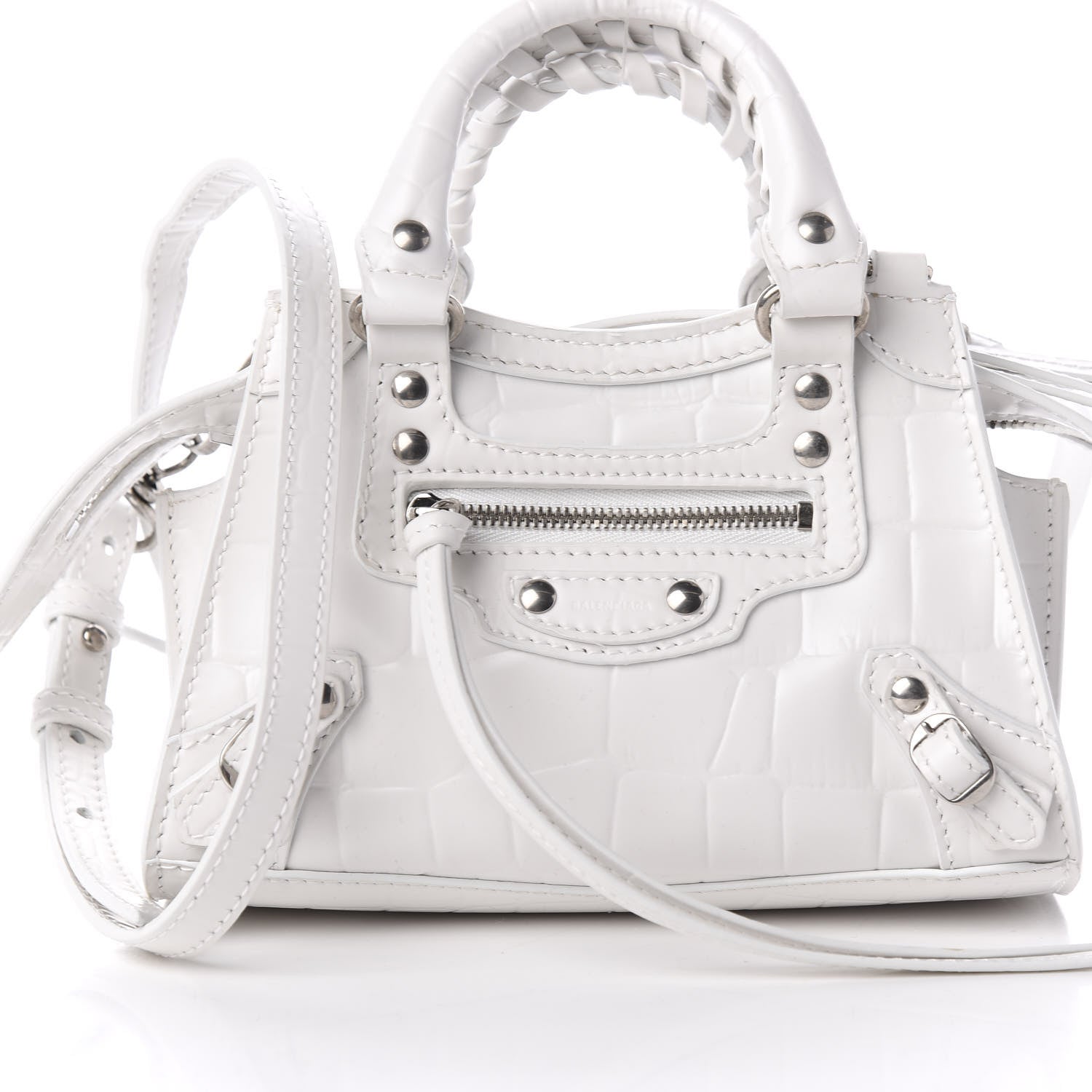 Balenciaga Semi Shiny Calfskin Crocodile Embossed Neo Classic Silver Hardware Nano City Crossbody White 9 of 9