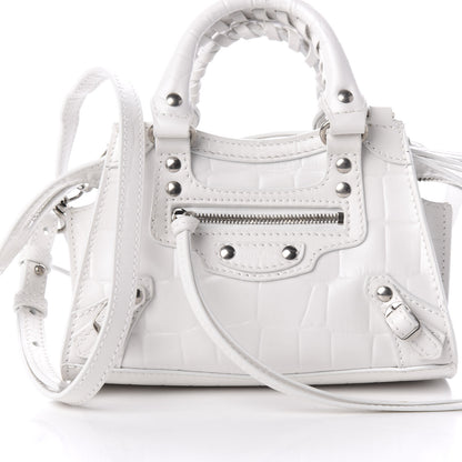 Balenciaga Semi Shiny Calfskin Crocodile Embossed Neo Classic Silver Hardware Nano City Crossbody White 9 of 9