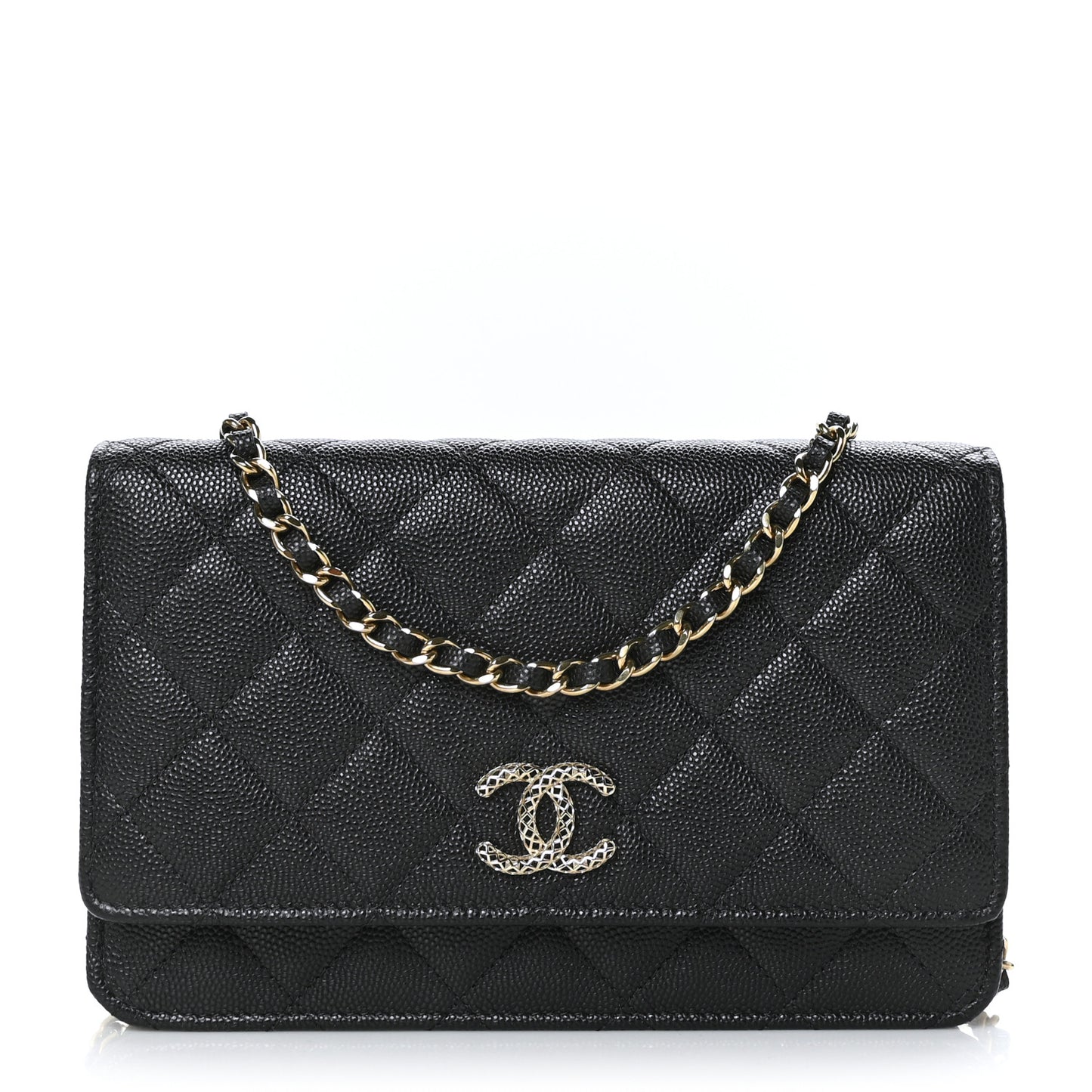 Caviar Quilted Perforated Metal CC Wallet On Chain WOC Black