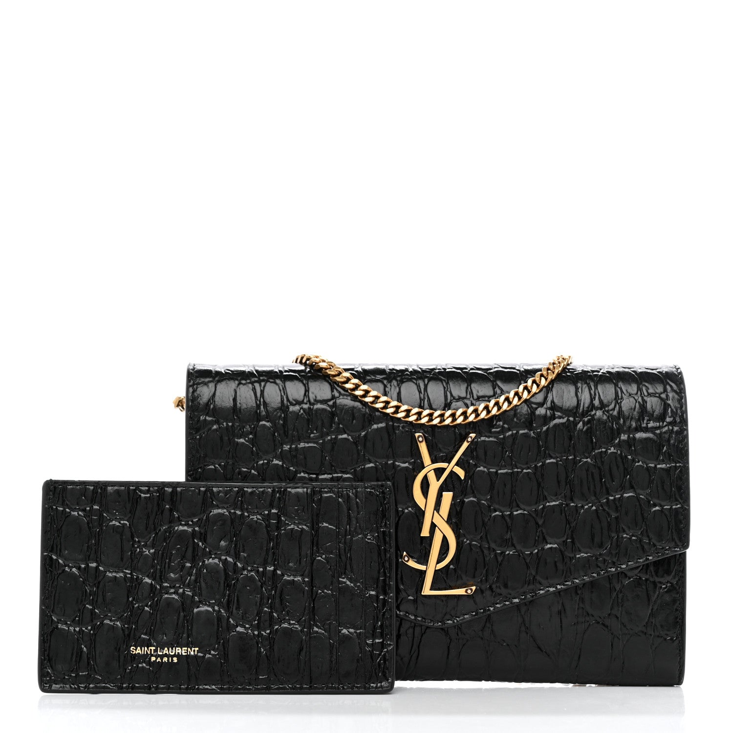 Saint Laurent Calfskin Crocodile Embossed Monogram Uptown Chain Wallet Black 3 of 13