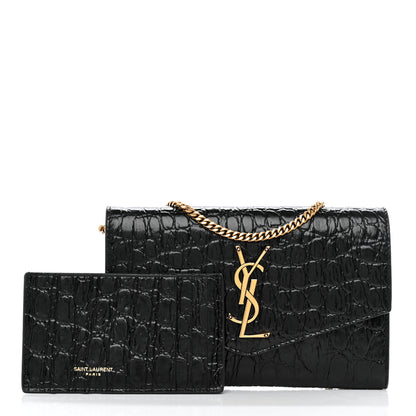 Saint Laurent Calfskin Crocodile Embossed Monogram Uptown Chain Wallet Black 3 of 13