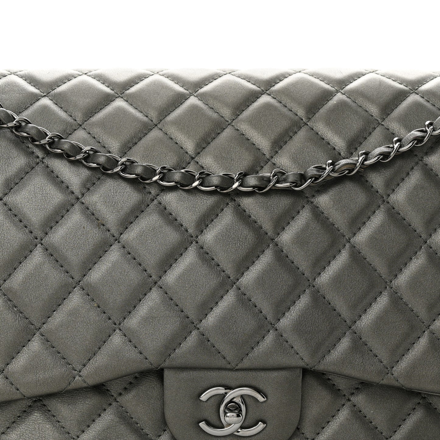 Metallic Calfskin Quilted Small XXL Travel Flap Bag Dark Silver