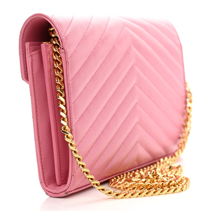 Saint Laurent Grain De Poudre Matelasse Chevron Monogram Chain Wallet Indian Pink 3 of 16