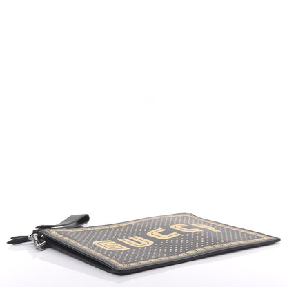 Gucci X SEGA Calfskin GUCCY Stars Zip Wristlet Pouch Black Gold 4 of 10