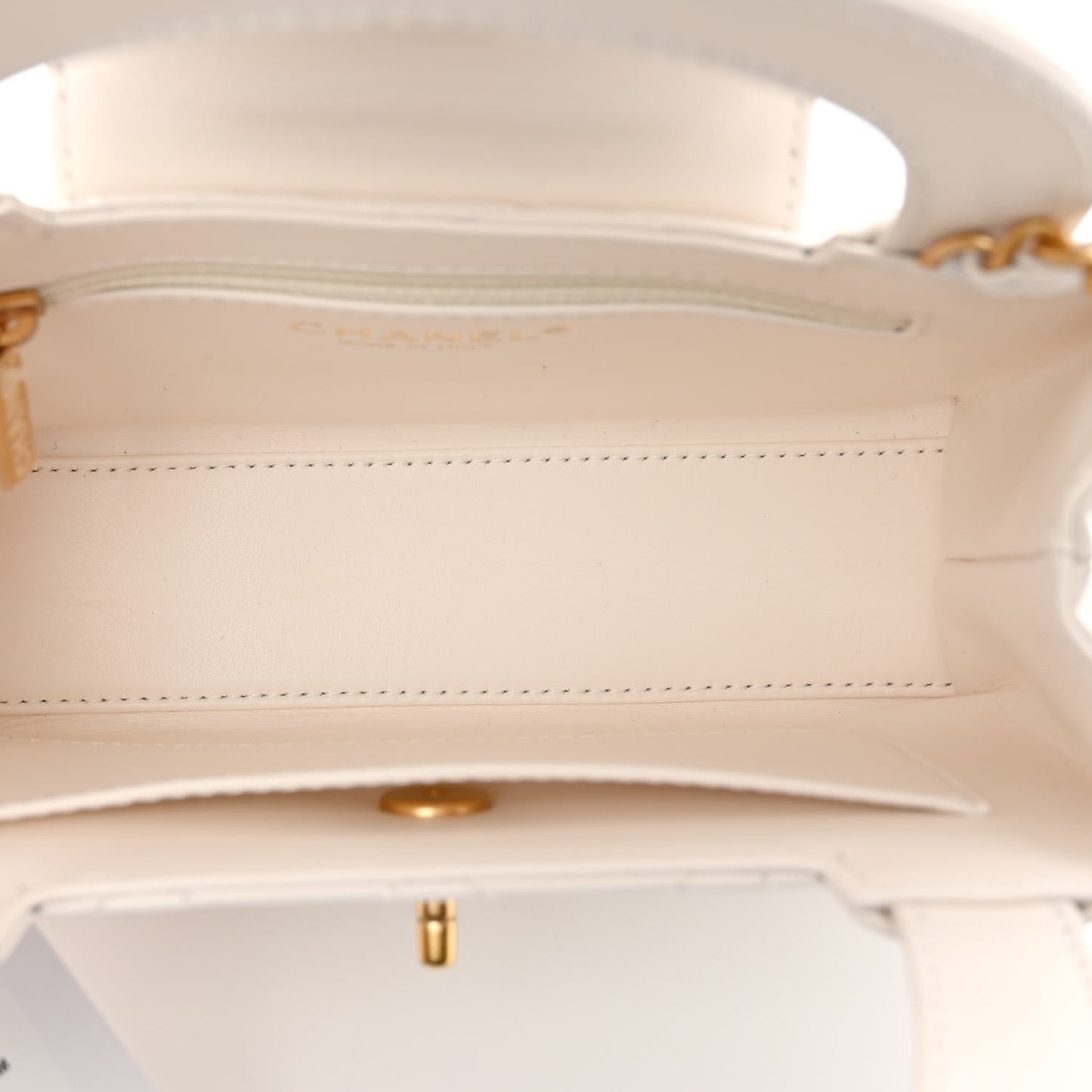 Shiny Aged Calfskin Quilted Nano Kelly Shopper White