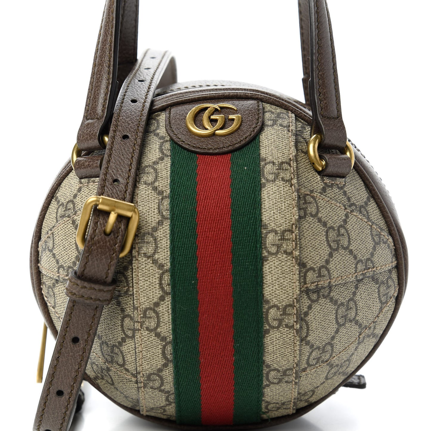 GG Supreme Monogram Textured Dollar Calfskin Web Mini Ophidia Basketball Shaped Shoulder Bag Beige Ebony New Acero