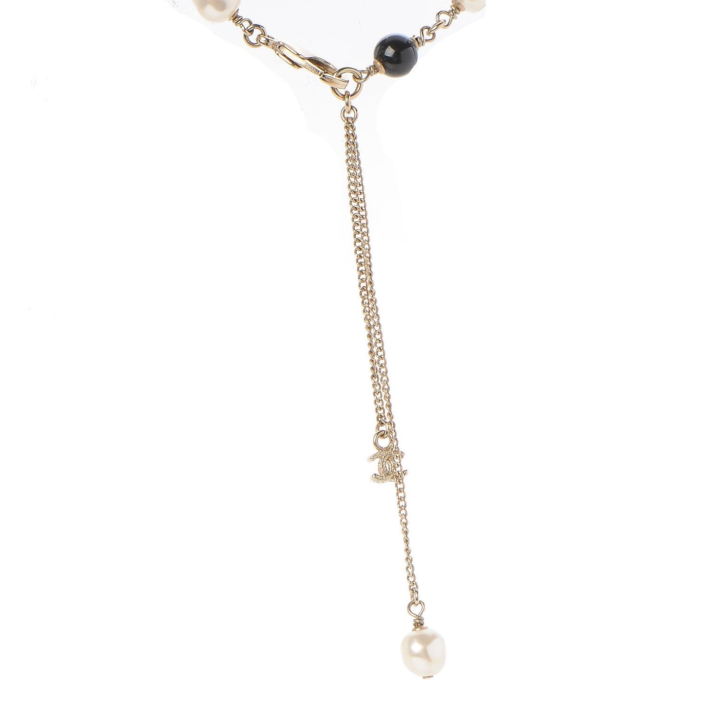 Pearl Bead Enamel CC Long Necklace Black Gold