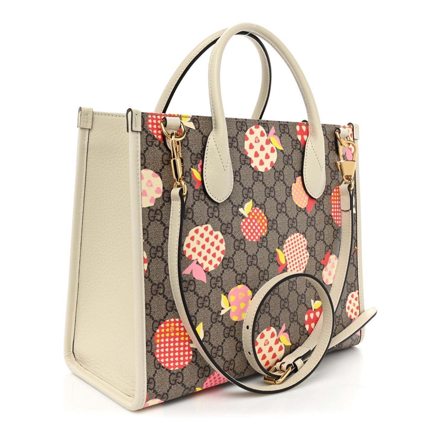 GG Supreme Monogram Textured Calfskin Les Pommes Small Retro Interlocking G Tote Bag Beige Multicolor Mystic White