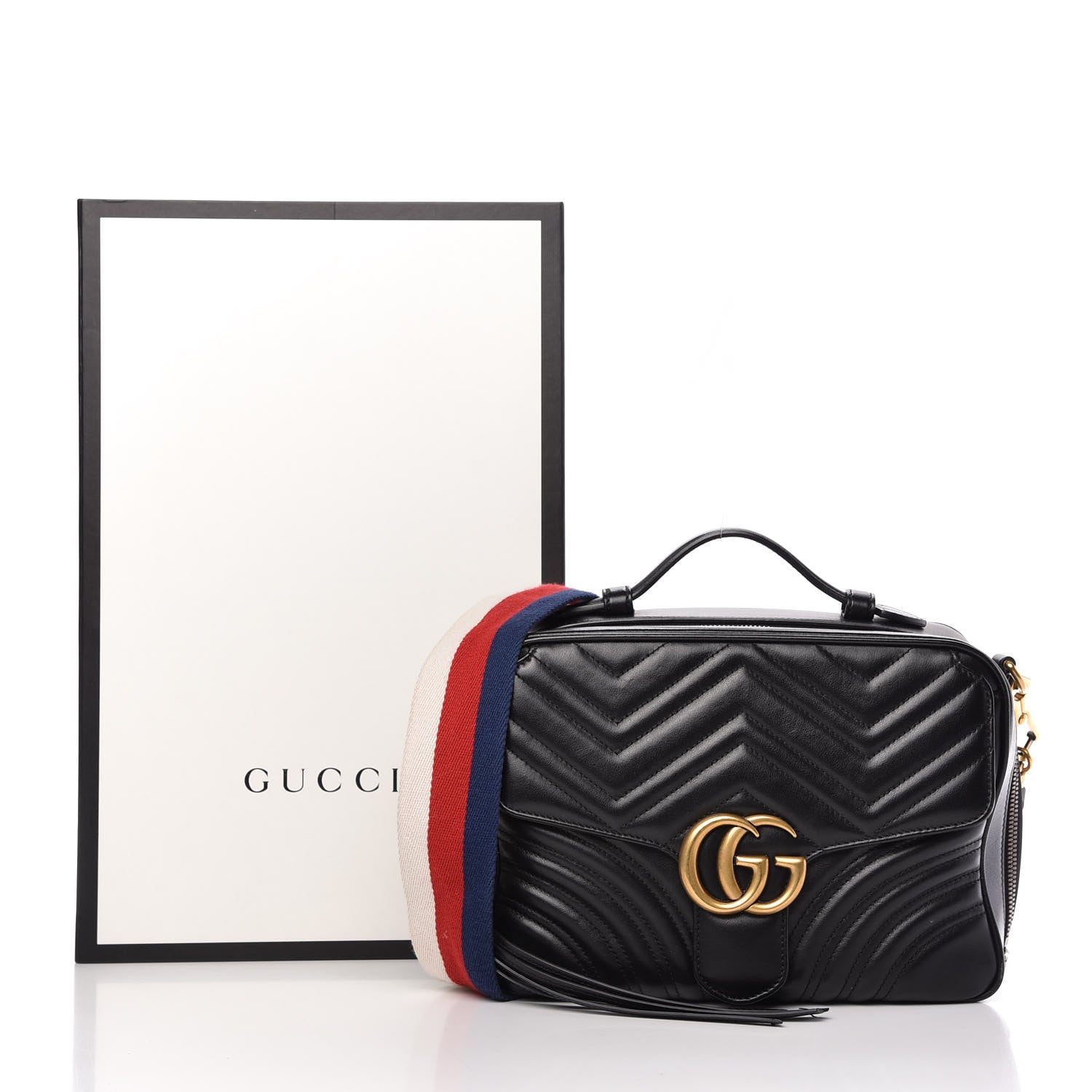 Gucci Calfskin Matelasse Sylvie Web Small GG Marmont Top Handle Shoulder Bag Black 11 of 11