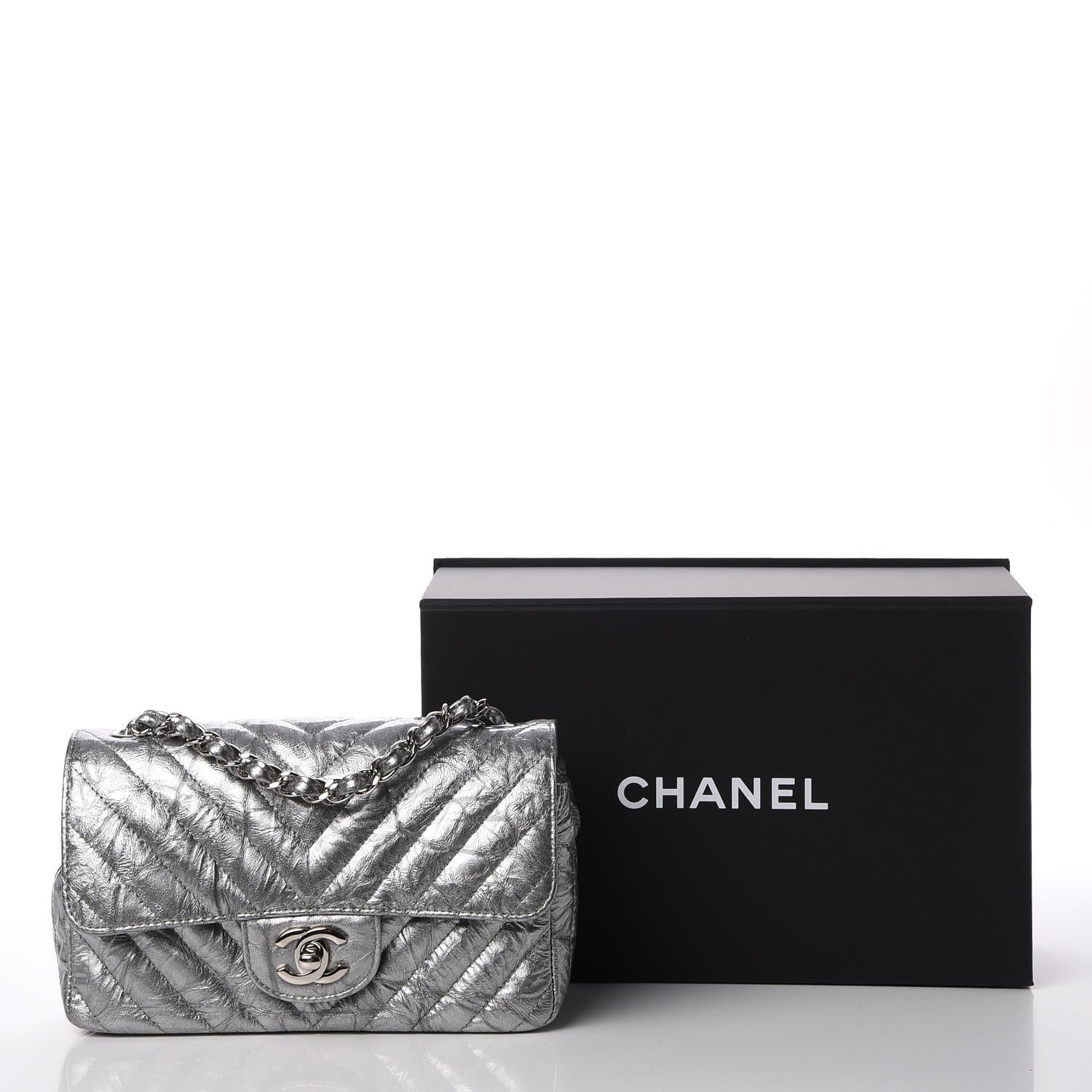 Chanel Patent Metallic Crumpled Calfskin Chevron Quilted Mini Rectangular Flap Silver 11 of 11