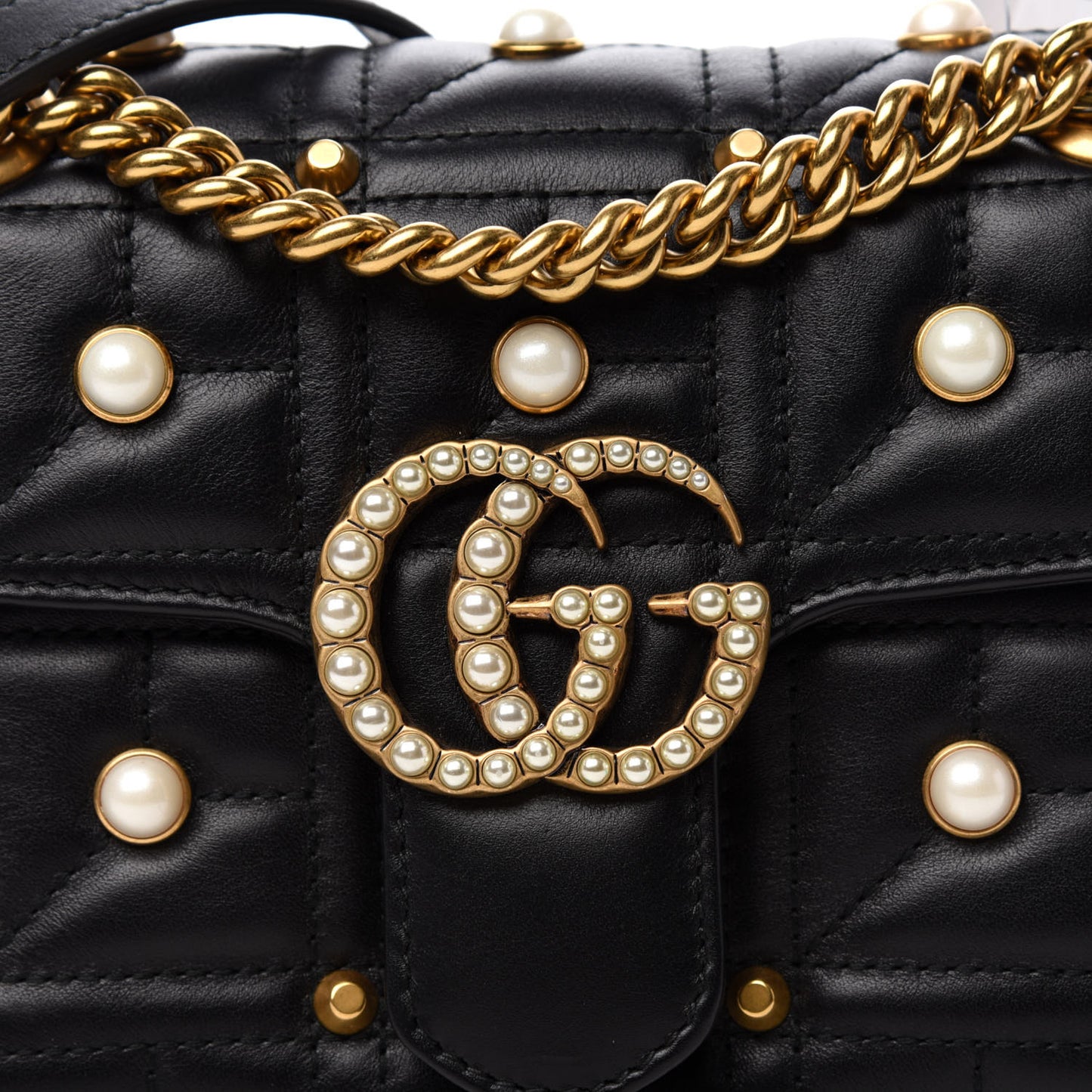 Calfskin Matelasse Studded Mini Pearly GG Marmont Shoulder Bag Black