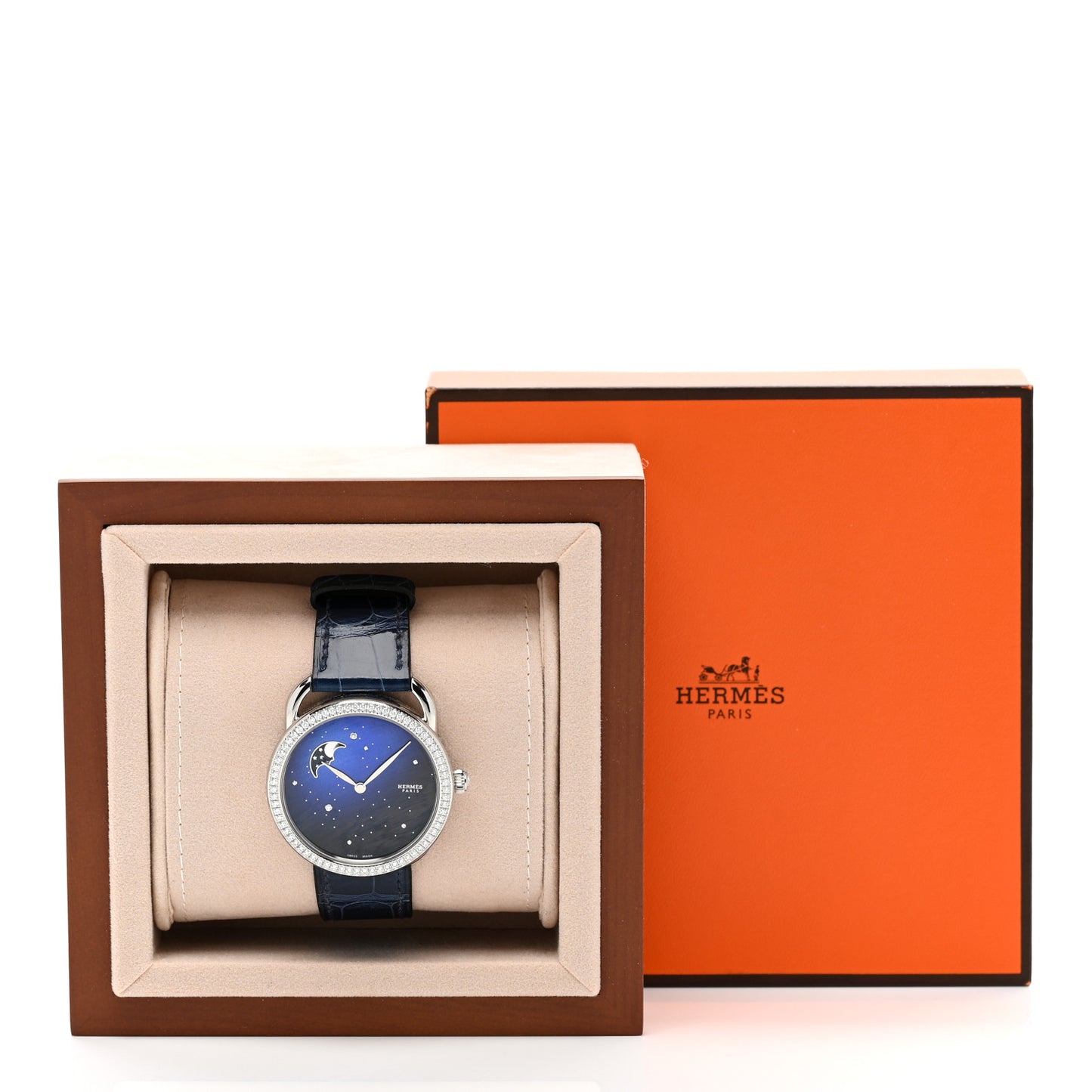 Stainless Steel Alligator Diamond Bezel Blue Mother of Pearl 38mm Arceau Petite Lune Automatic Watch Bleu Saphir