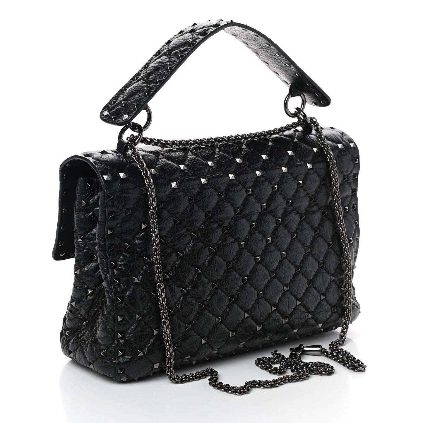 Craquele Nappa Large Rockstud Spike Shoulder Bag Black