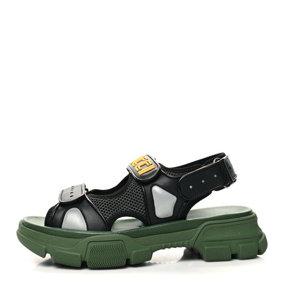 Gucci X SEGA Nappa Mesh Mens Aguru Sandals 8 Loess Black Green 1 of 9