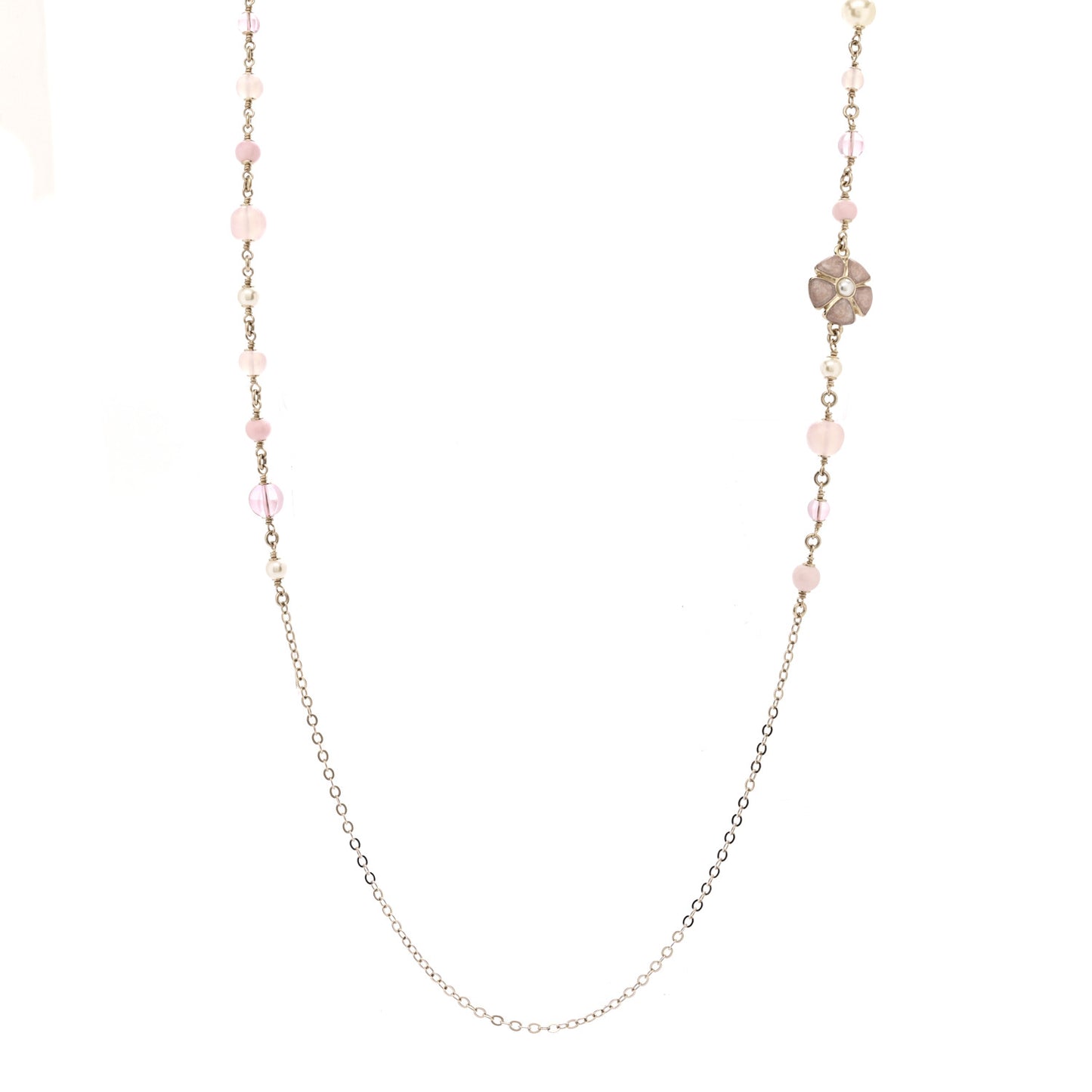 Pearl Crystal Bead CC Flower Long Necklace Gold Pearly White Pink Crystal