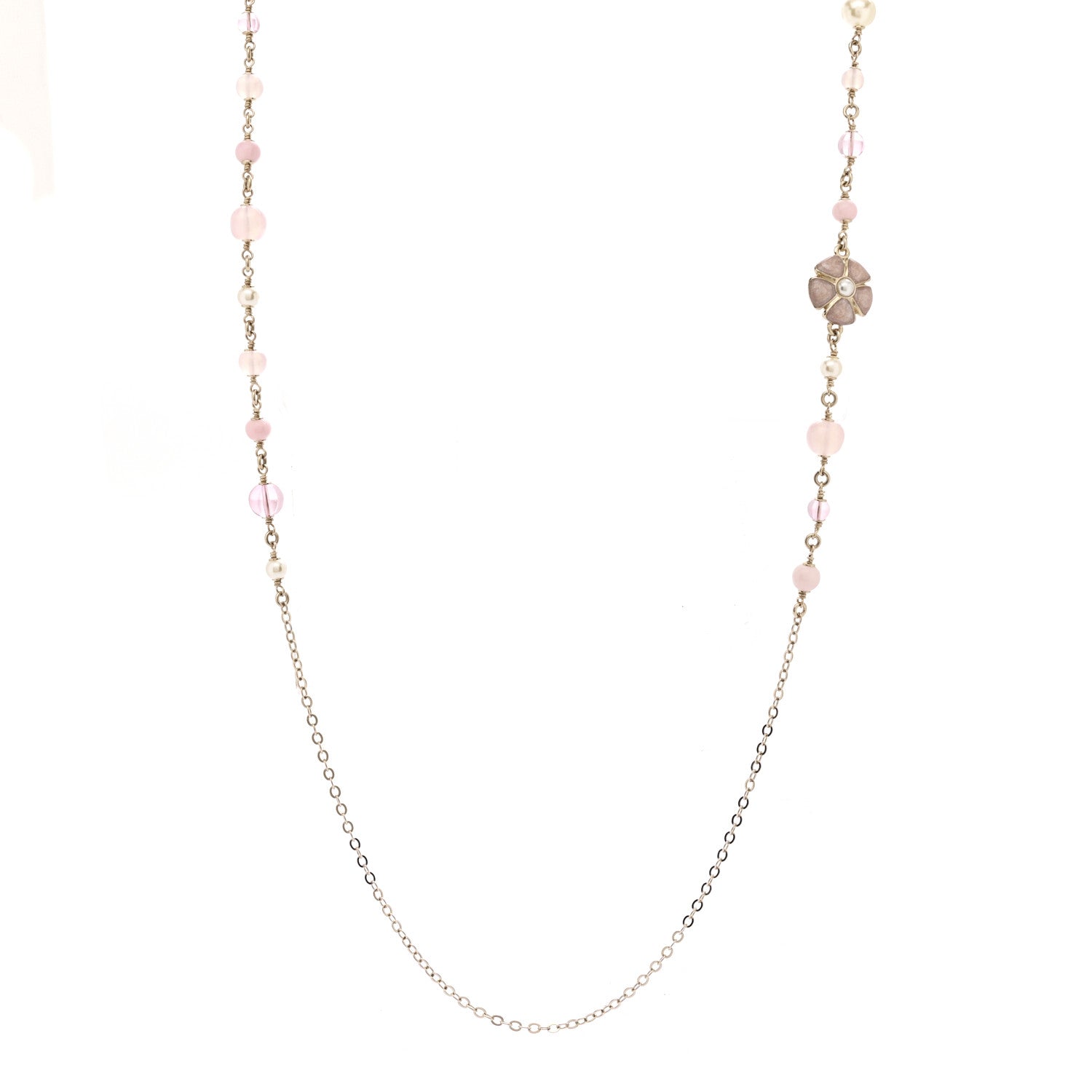 Chanel Pearl Crystal Bead CC Flower Long Necklace Gold Pearly White Pink Crystal 1 of 7