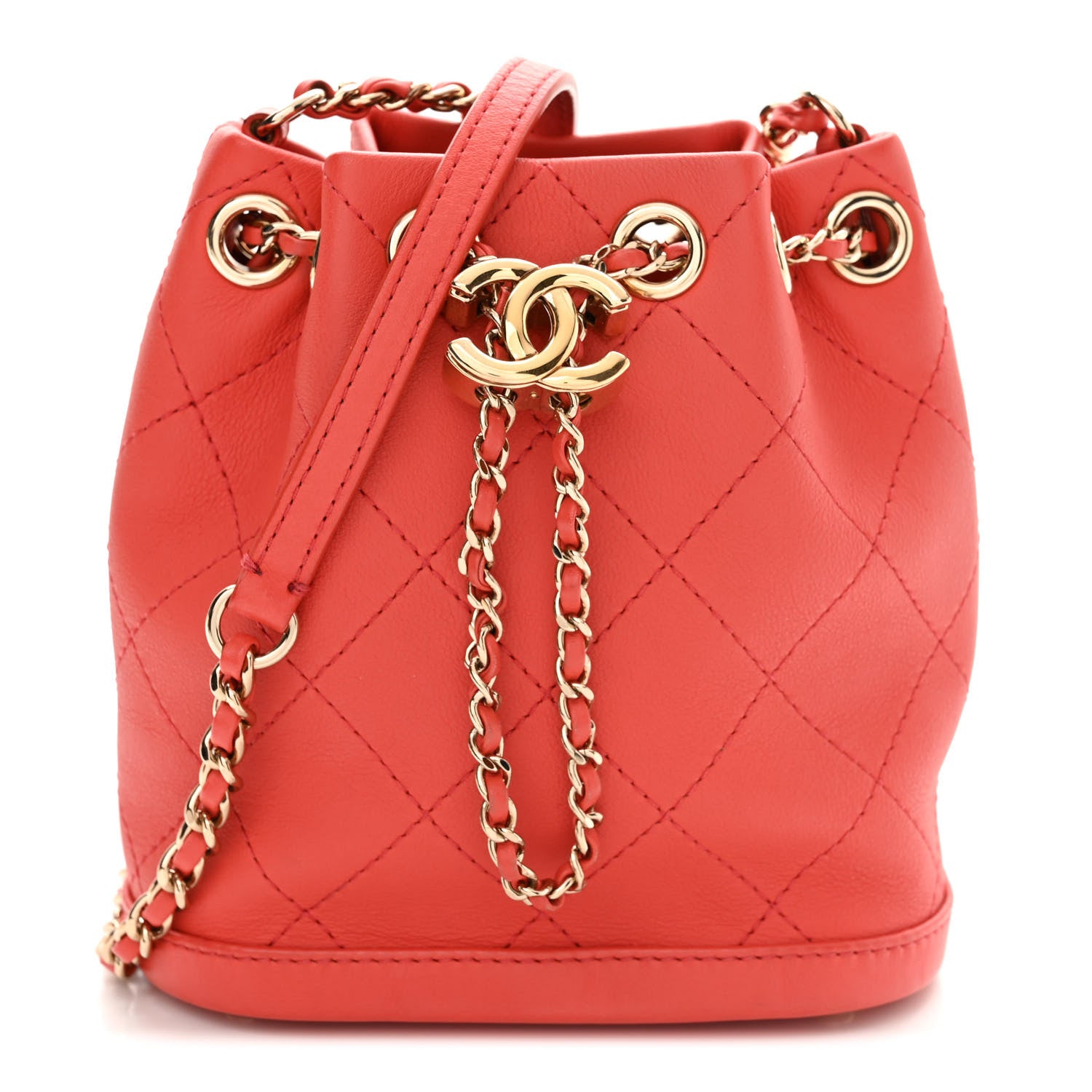 Chanel Calfskin Stitched Mini Drawstring CC Bag Red 1 of 11