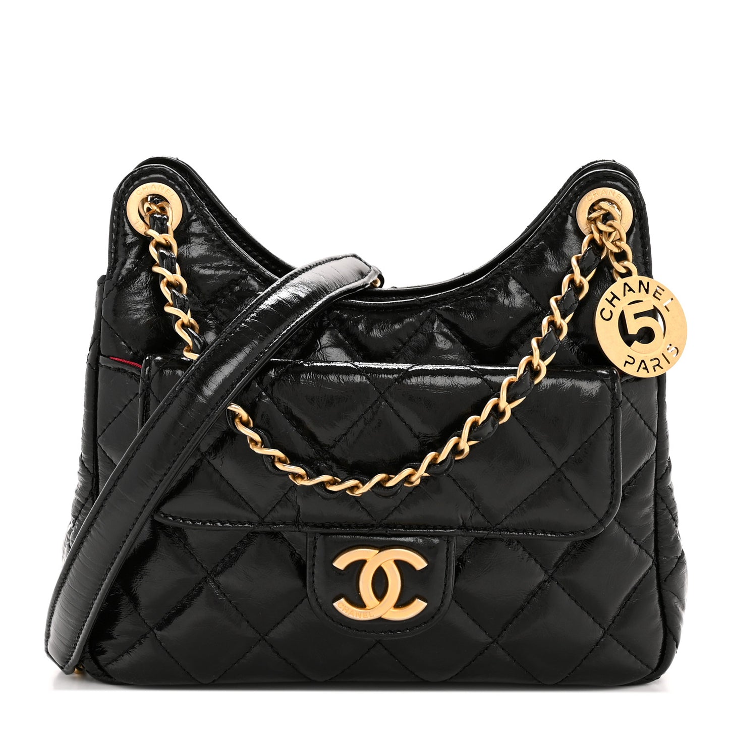 Shiny Crumpled Calfskin Quilted Small Wavy CC Hobo Black
