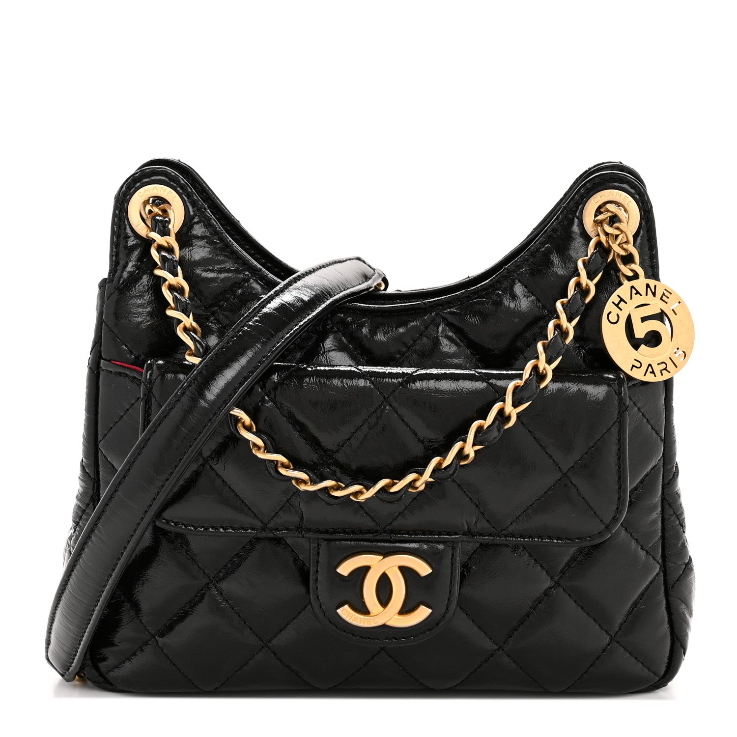 Chanel Shiny Crumpled Calfskin Quilted Small Wavy CC Hobo Black 1 of 11