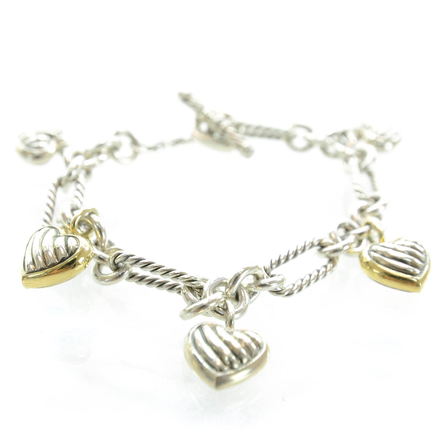 Sterling Silver 18K Yellow Gold Cable Heart 5 Charm Bracelet