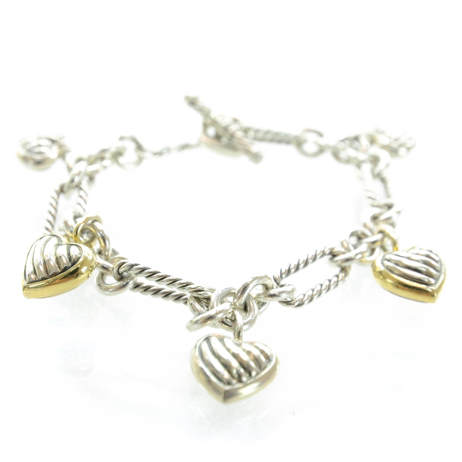David Yurman Sterling Silver 18K Yellow Gold Cable Heart 5 Charm Bracelet 1 of 5