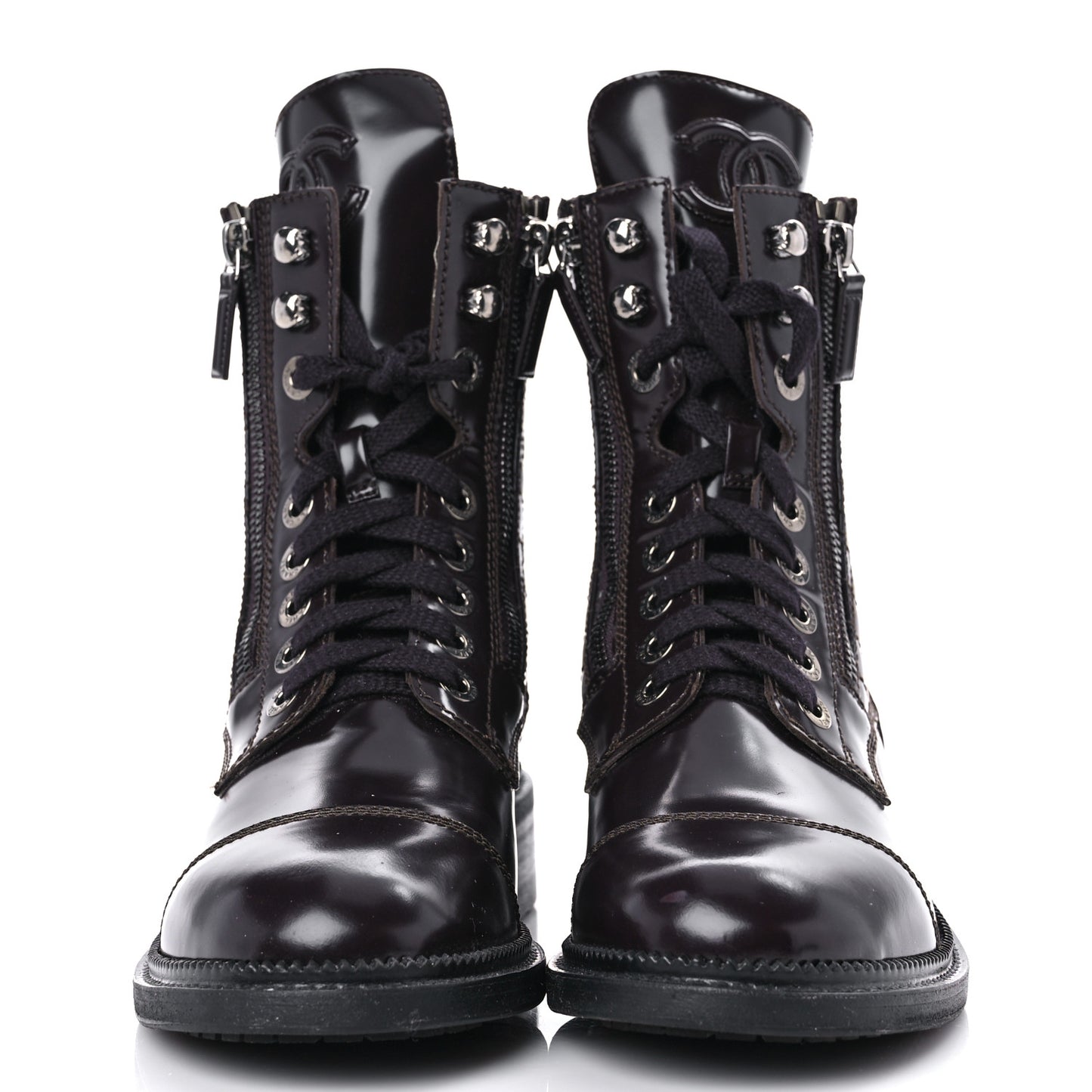 Glazed Calfskin Quilted Lace Up Combat Boots 37.5 Brown