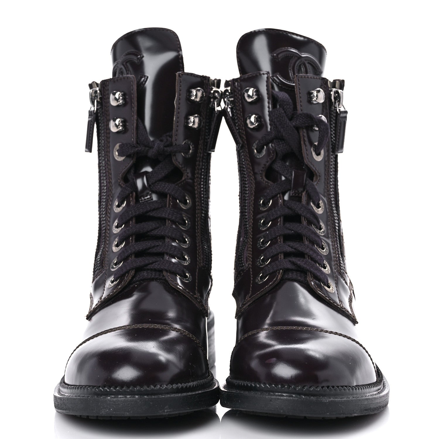 Chanel Glazed Calfskin Quilted Lace Up Combat Boots 37.5 Brown 2 of 15