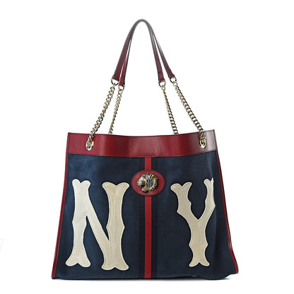 Gucci X MLB Suede Calfskin NY Yankees Large Rajah Chain Tote New Blue Romantic Cherry 3 of 12