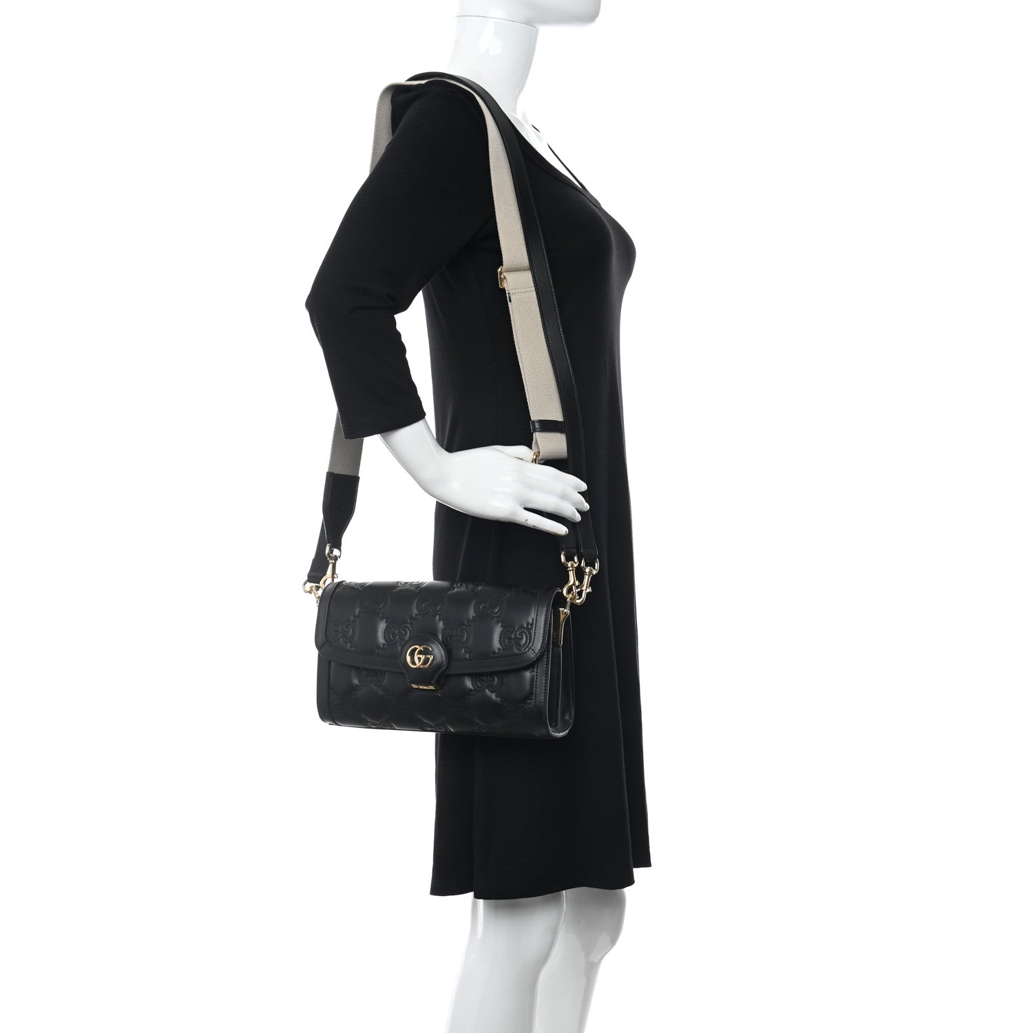 Gucci Calfskin GG Matelasse Small Flap Shoulder Bag Black Natural 2 of 10