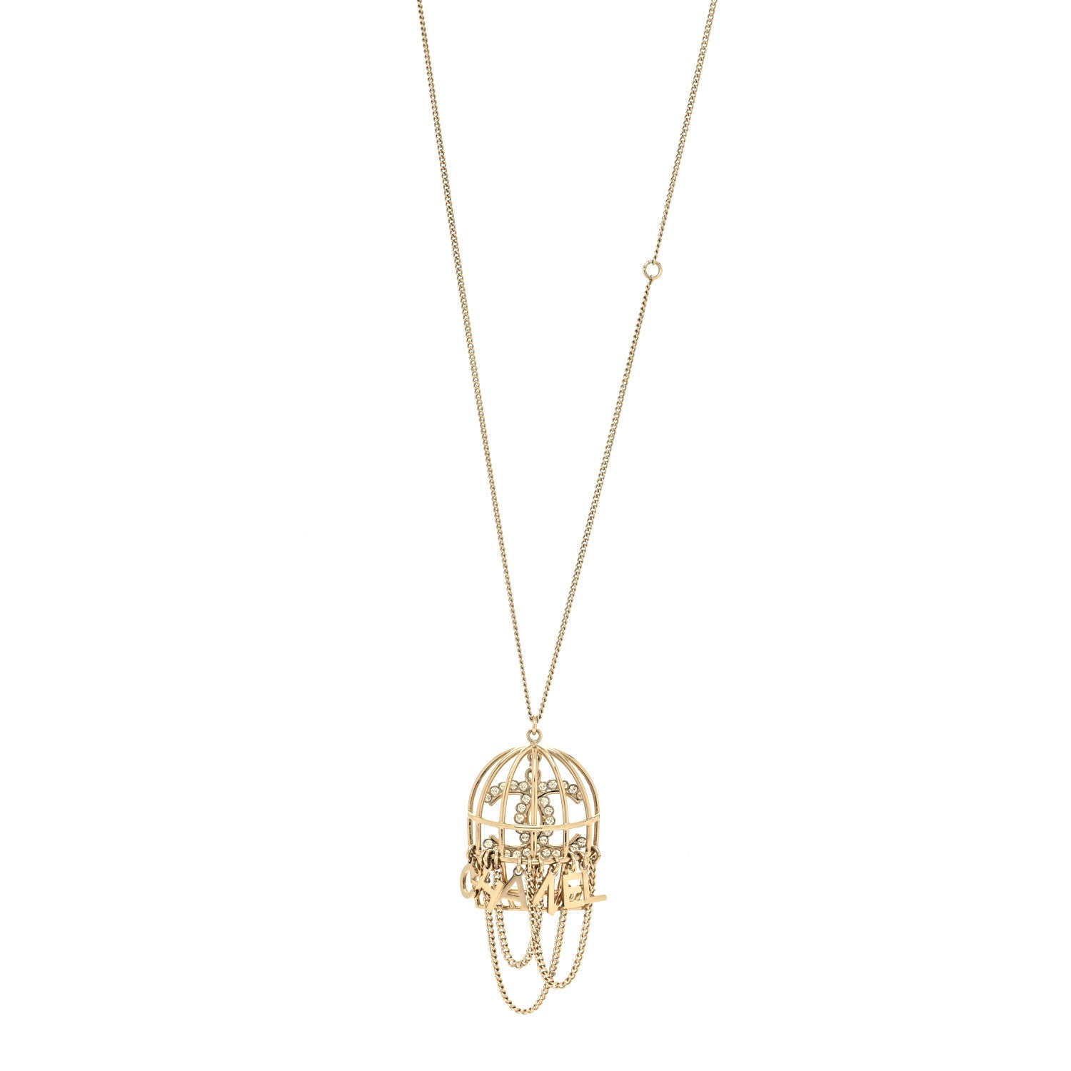 Chanel Metal Crystal Logo Bird Cage Necklace Gold 1 of 5
