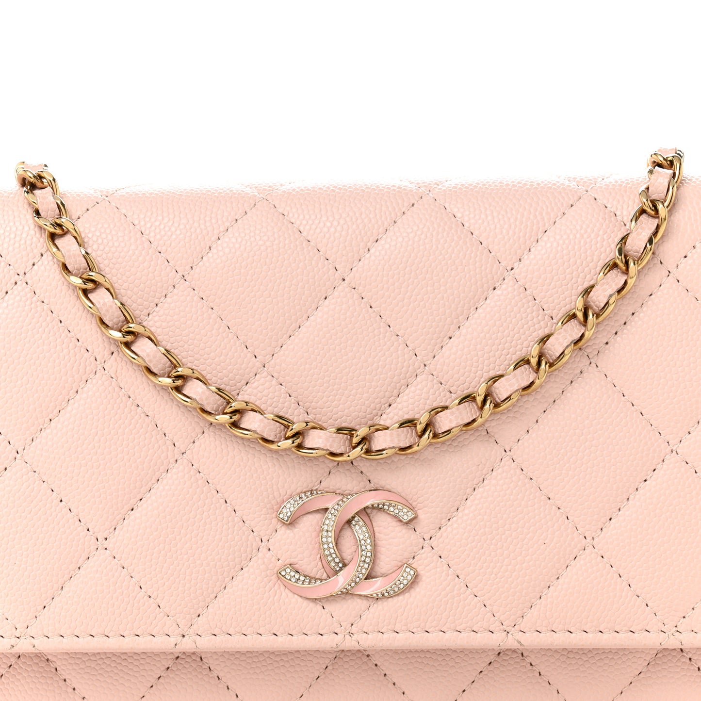 Caviar Quilted Crystal Enamel CC Wallet On Chain WOC Light Pink