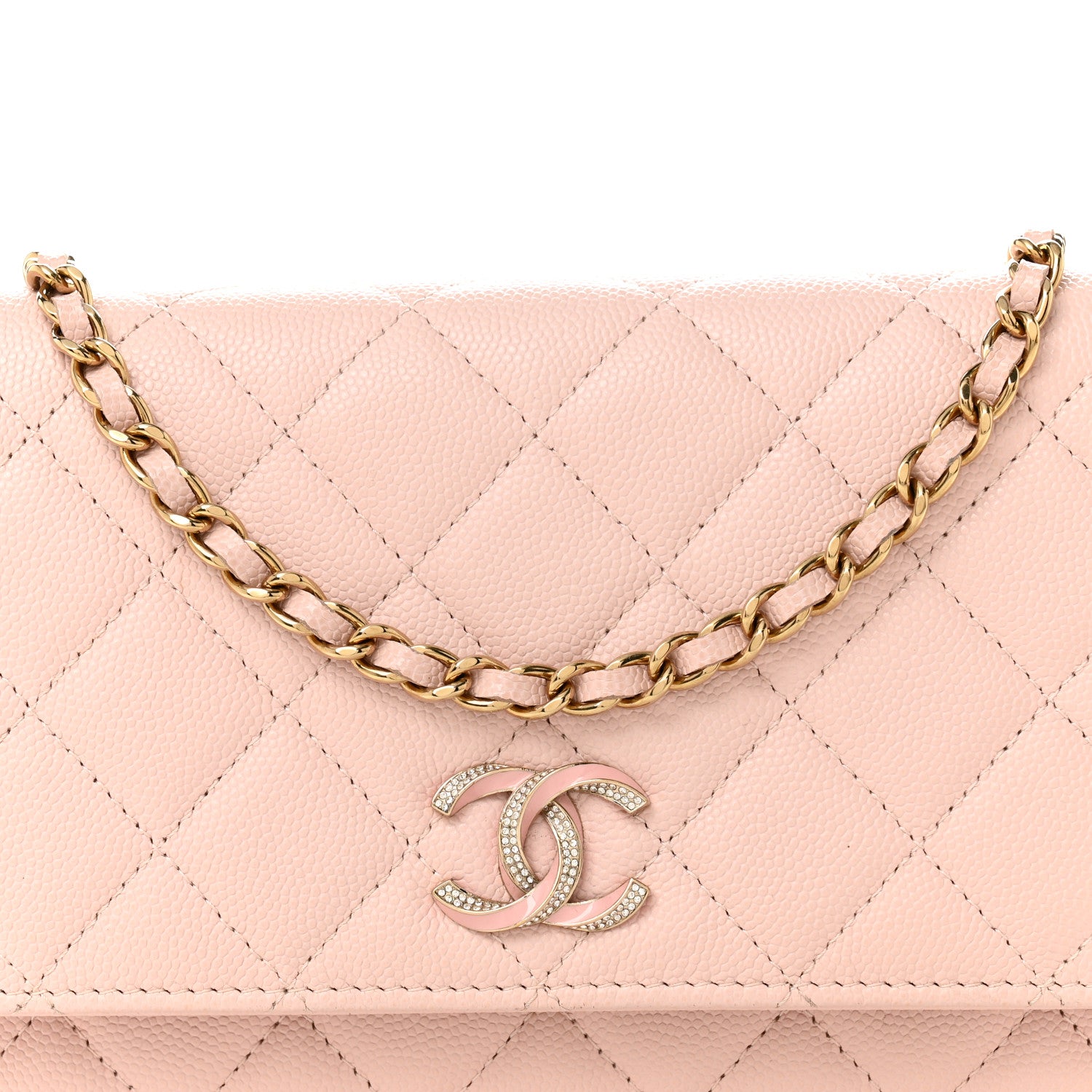 Chanel Caviar Quilted Crystal Enamel CC Wallet On Chain WOC Light Pink 9 of 15