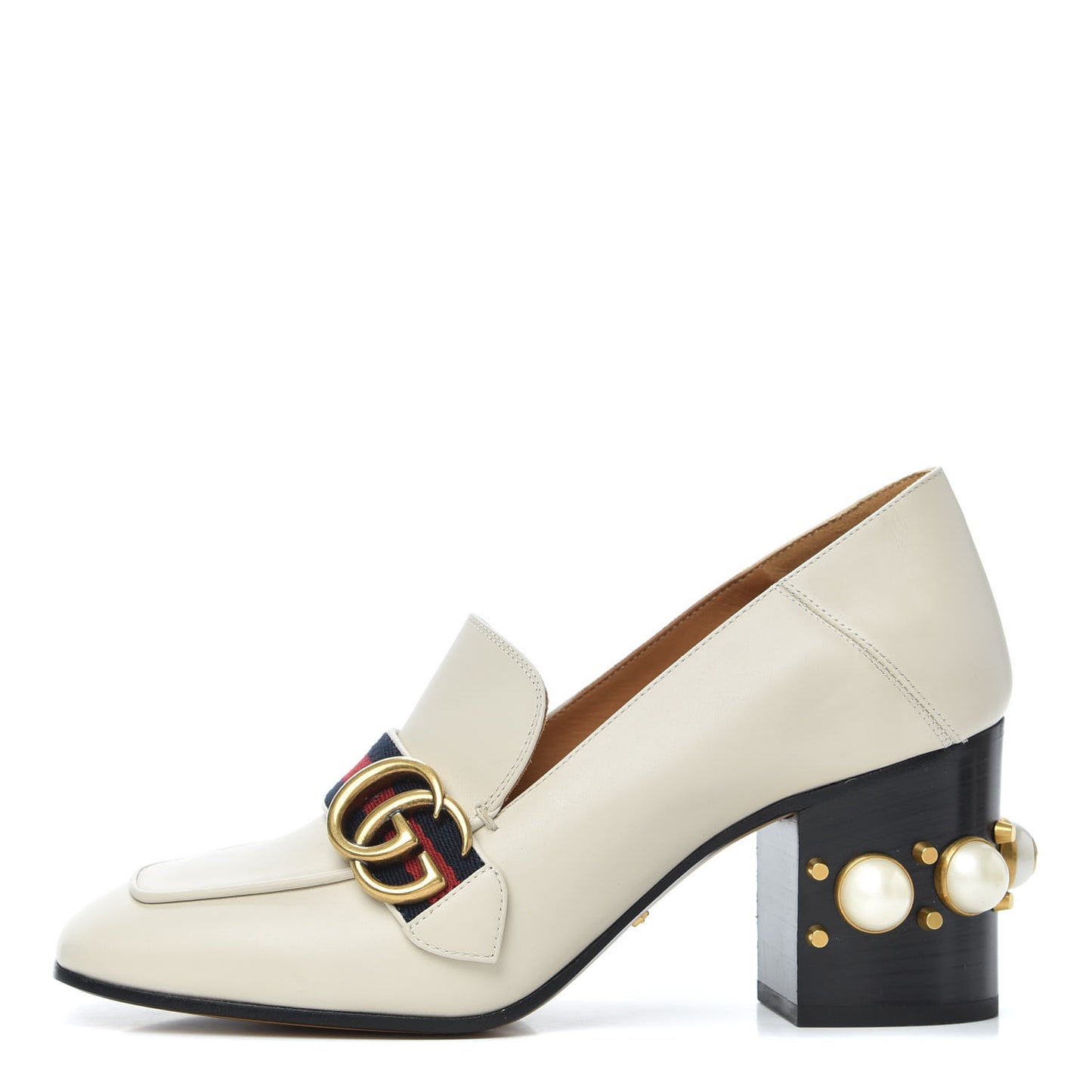 Betis Glamour Calfskin Web Pearl Embellished Peyton 75mm Loafer Pumps 38 Mystic White