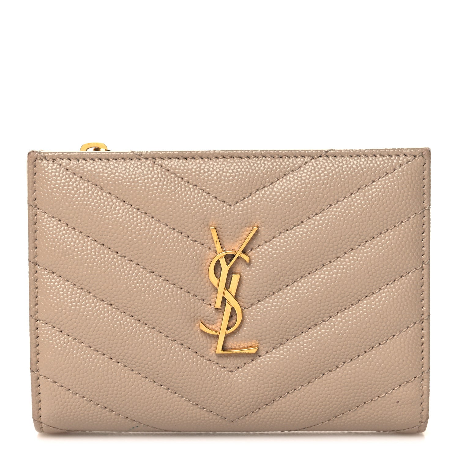 Saint Laurent Grain De Poudre Matelasse Chevron Monogram Zipped Card Case Dark Beige 1 of 9
