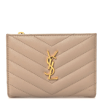 Saint Laurent Grain De Poudre Matelasse Chevron Monogram Zipped Card Case Dark Beige 1 of 9