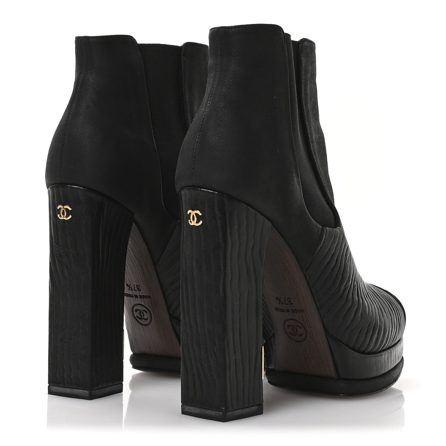 Chanel Wax Suede Wood Effect Calfskin Platform Ankle Boots 37.5 Black 5 of 9