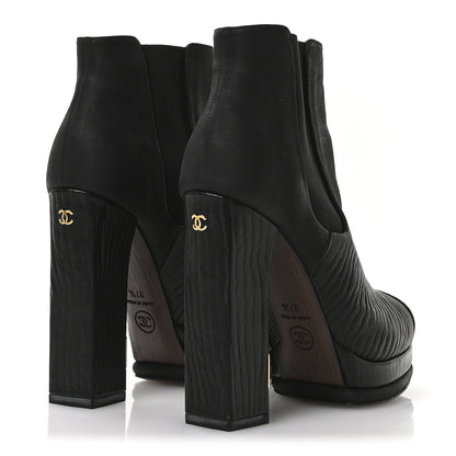 Chanel Wax Suede Wood Effect Calfskin Platform Ankle Boots 37.5 Black 5 of 9
