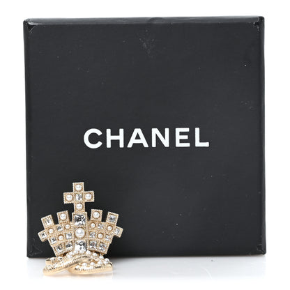Chanel Metal Crystal Pearl CC Crown Drop Brooch Gold 4 of 4