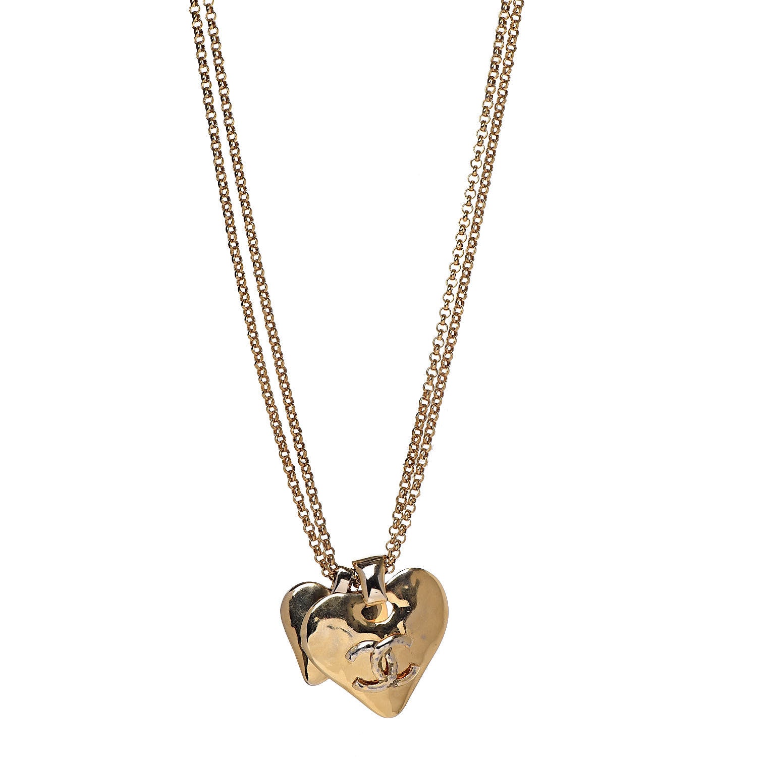 Chanel CC Double Heart Chain Pendant Necklace Gold 1 of 5