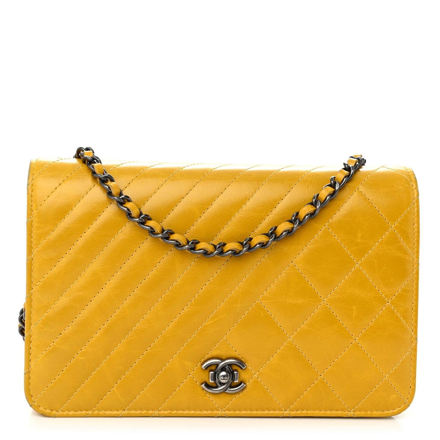 Glazed Calfskin Quilted Coco Boy Wallet On Chain WOC Dark Yellow