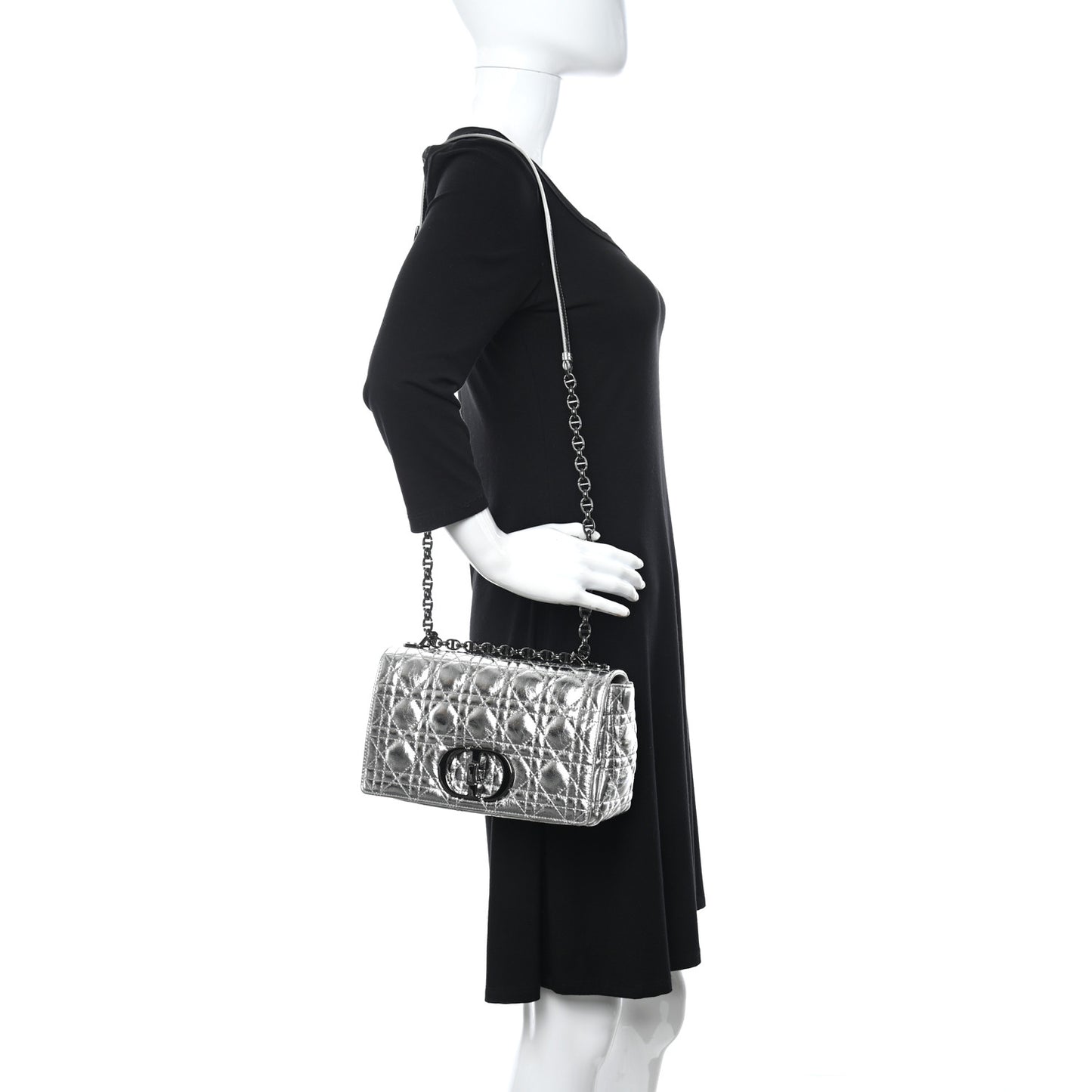 Metallic Calfskin Cannage Medium Caro Bag Argent