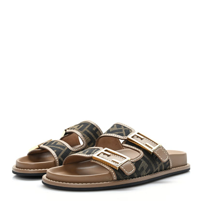 Fendi Fabric Jacquard Nappa FF Womens Fendi Feel Buckled Slide Sandals 38 Tobacco Black Miele Scuro 3 of 7