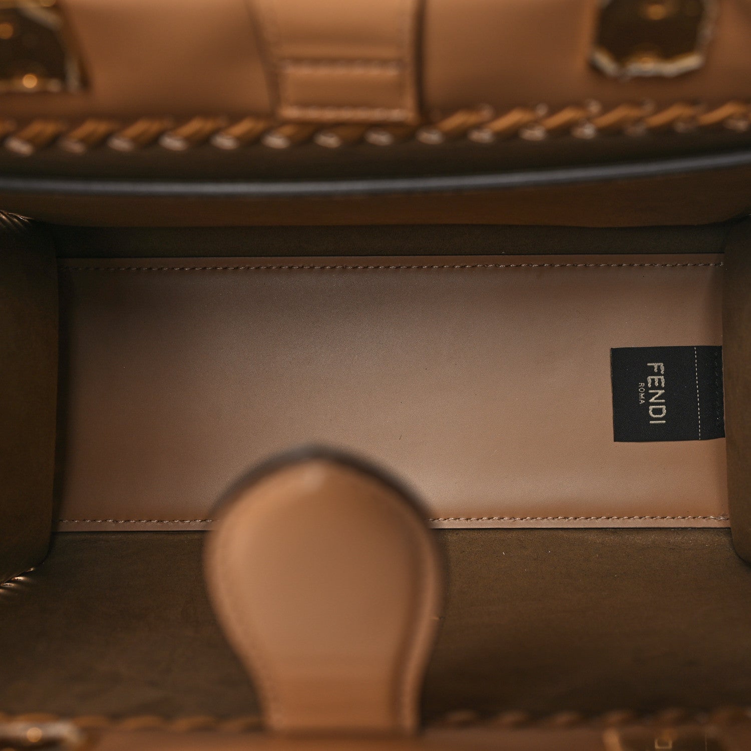 Fendi Vitello King Ceylon Plexiglass Woven Logo Debossed Small Fendi Sunshine Shopper Tote Miele Scuro 5 of 10